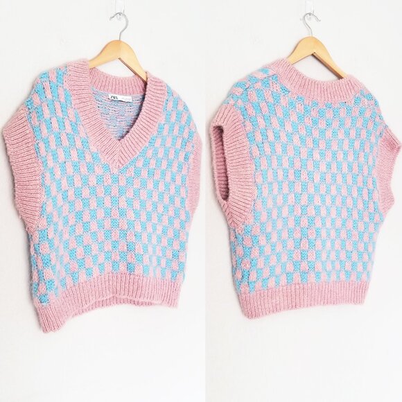 Zara Pink Blue Wool Blend Knit Vest V-neckline Checkerboard S Preppy Classic - Picture 15 of 15